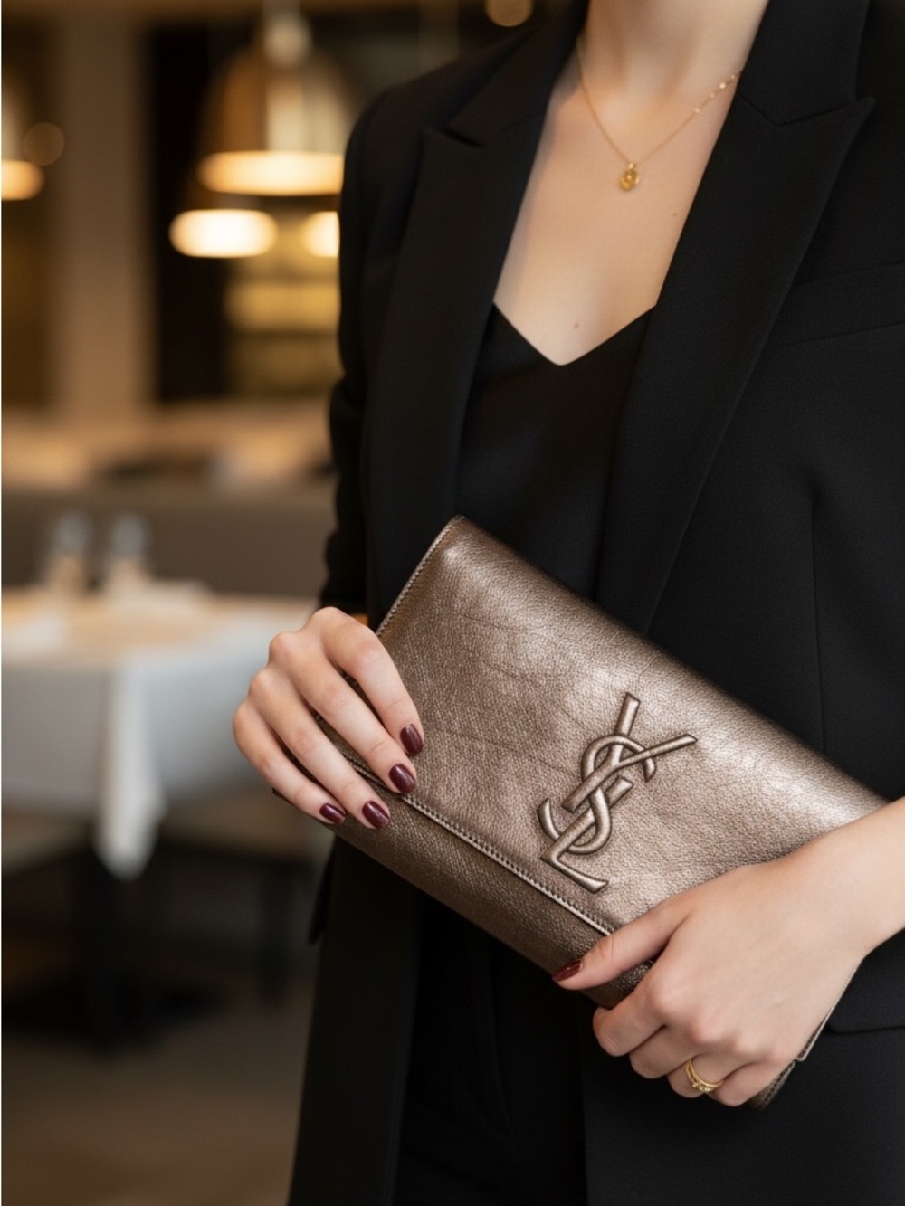 Yves Saint Laurent Belle devJour Metallic Bronze Leather Clutch